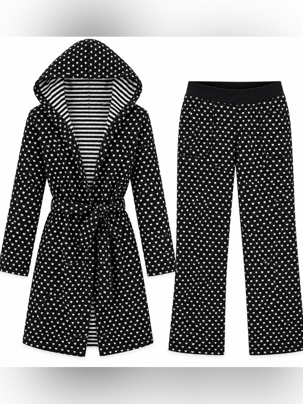 P.J. Salvage Black & White Heart Print Lounge Set Hooded Robe + Pants Size S